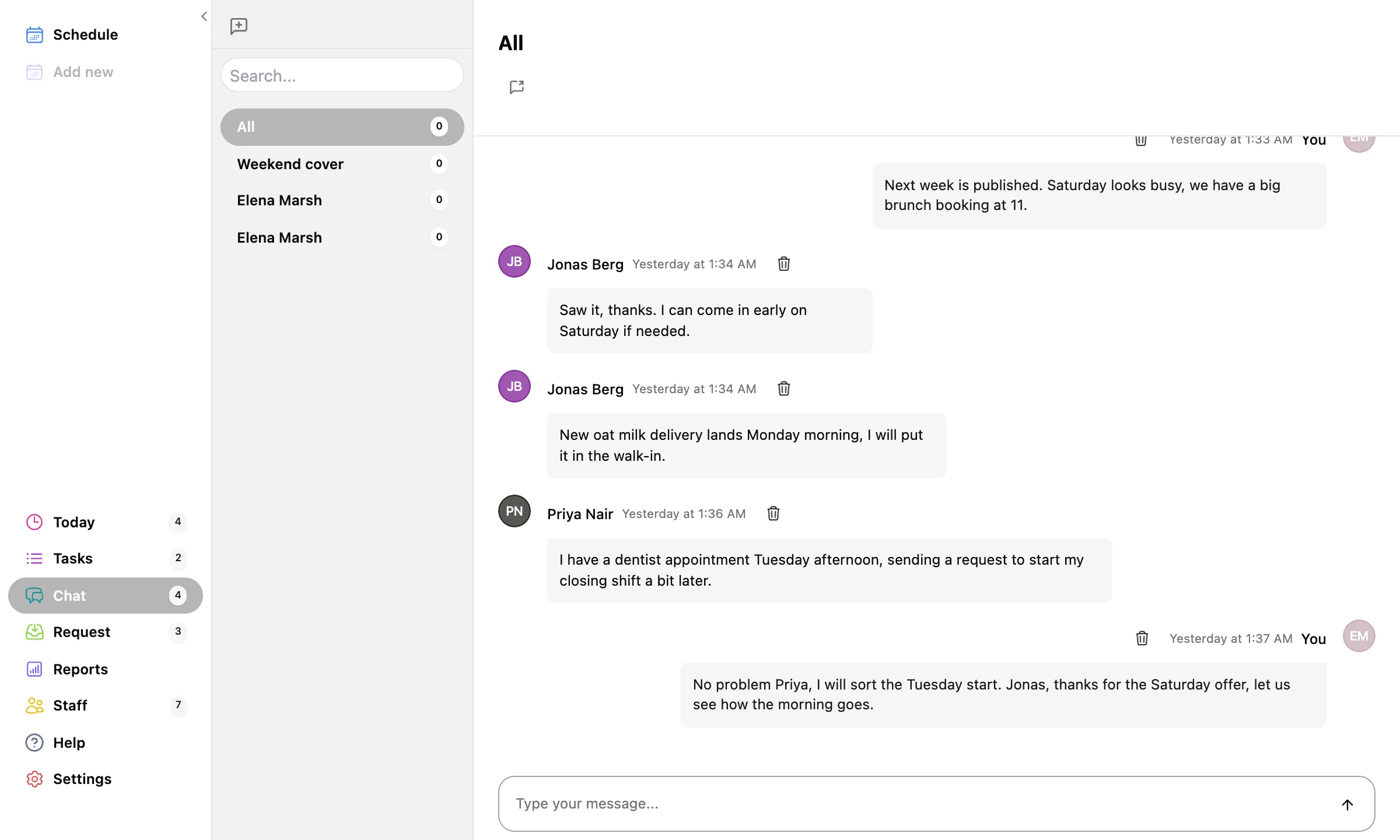 The team chat: channels for the whole team, the weekend crew, and the kitchen beside a real conversation