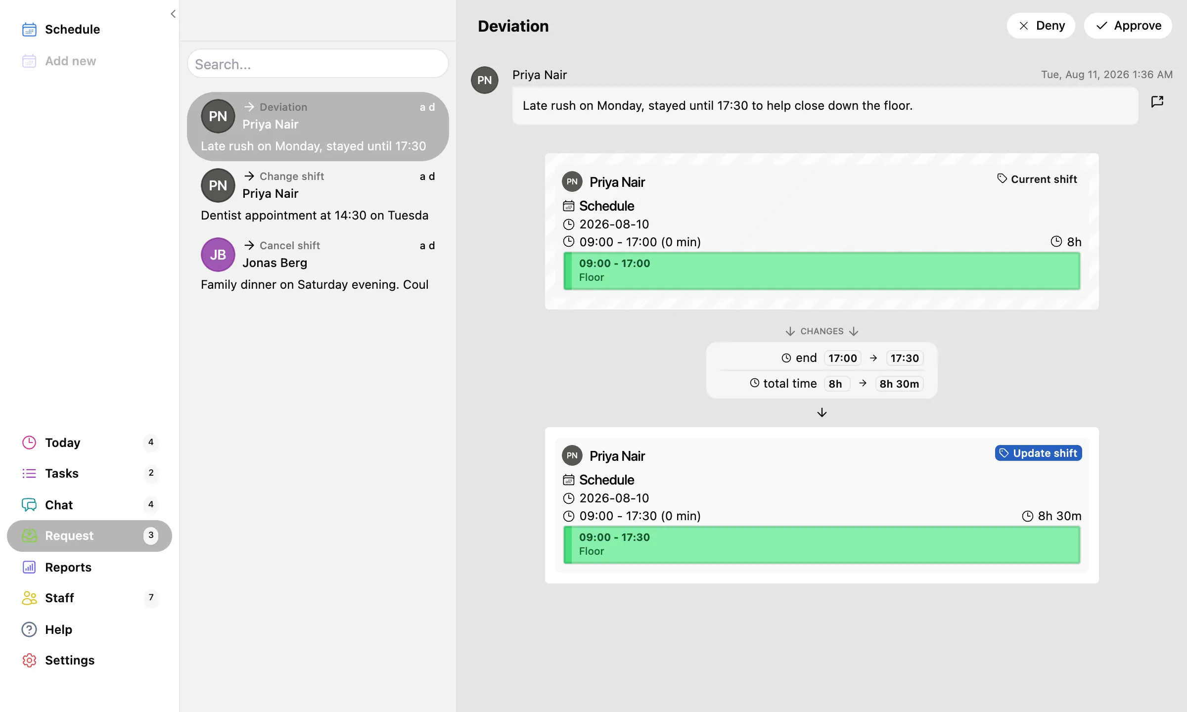 The request inbox and a deviation request: the staff message, the current shift, the proposed shift, and Approve and Deny buttons