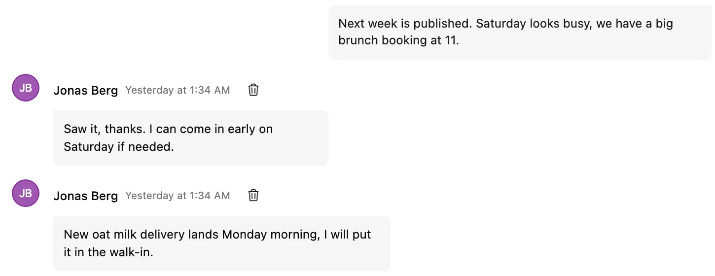 The chat thread after publishing: the announcement that next week is published, and Jonas Berg replying he can come in early on Saturday