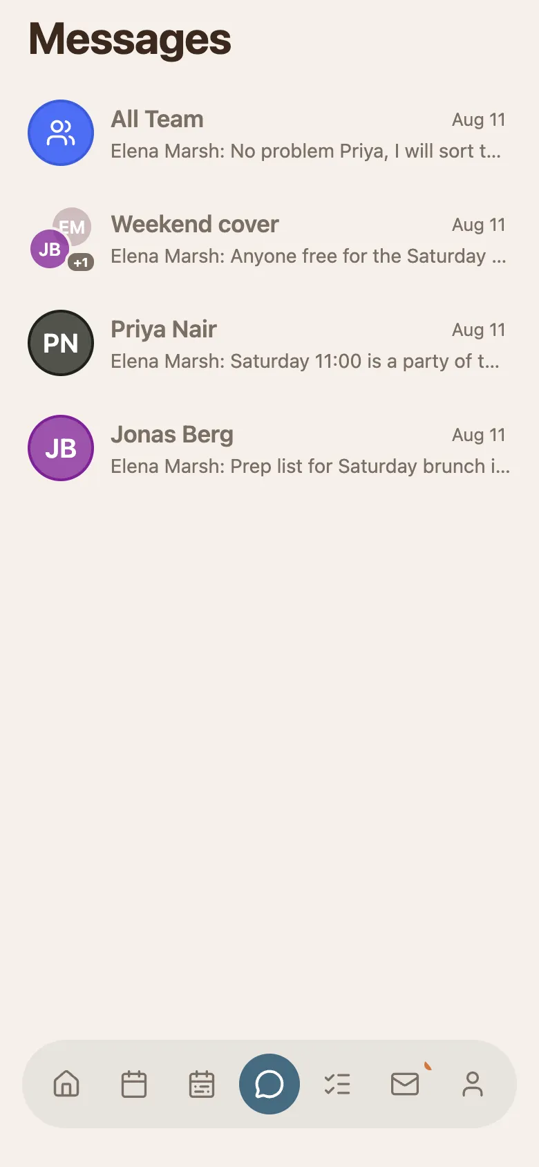 The phone Messages screen listing the All Team channel and the named group chats, each with its last message.