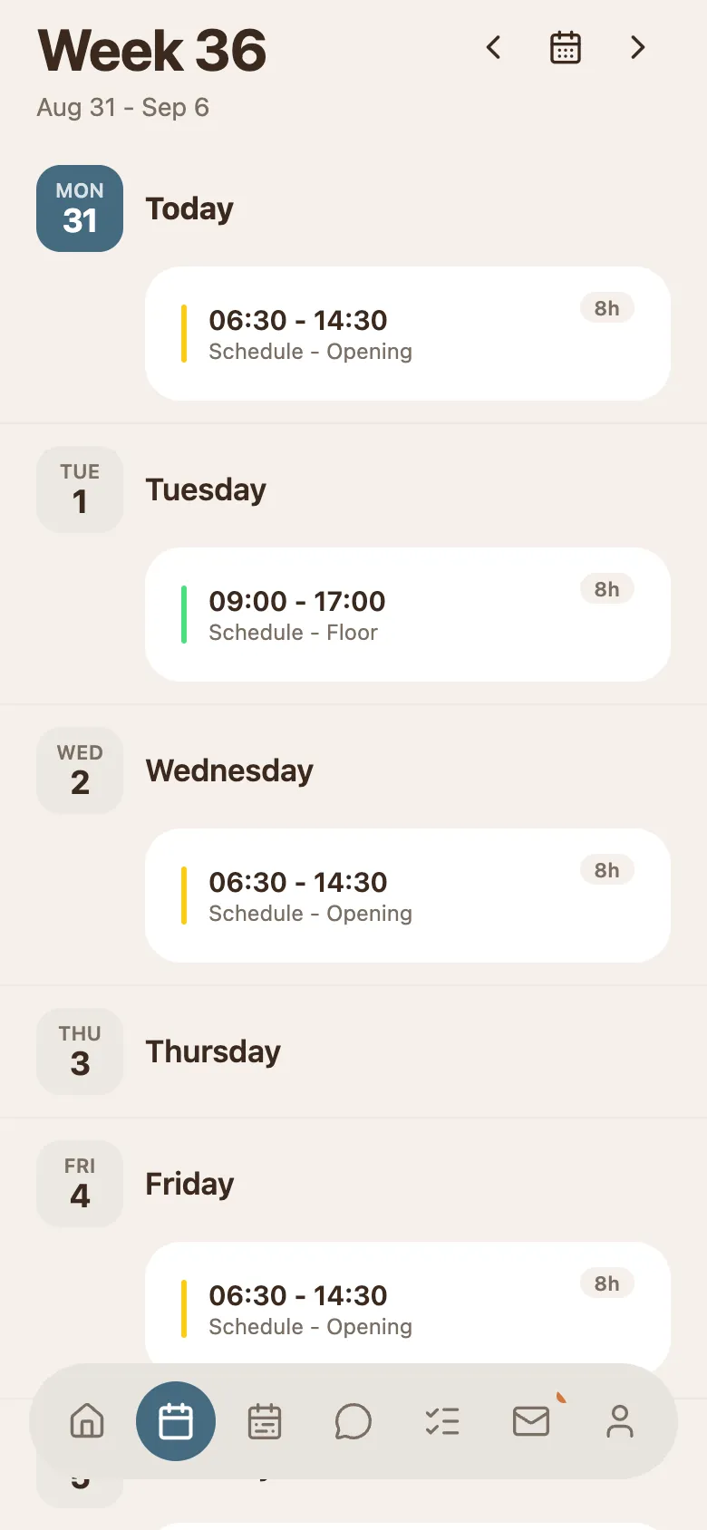 The phone schedule of one staff member: the week number at the top, a card for each shift with its hours and label, and the tab bar along the bottom.