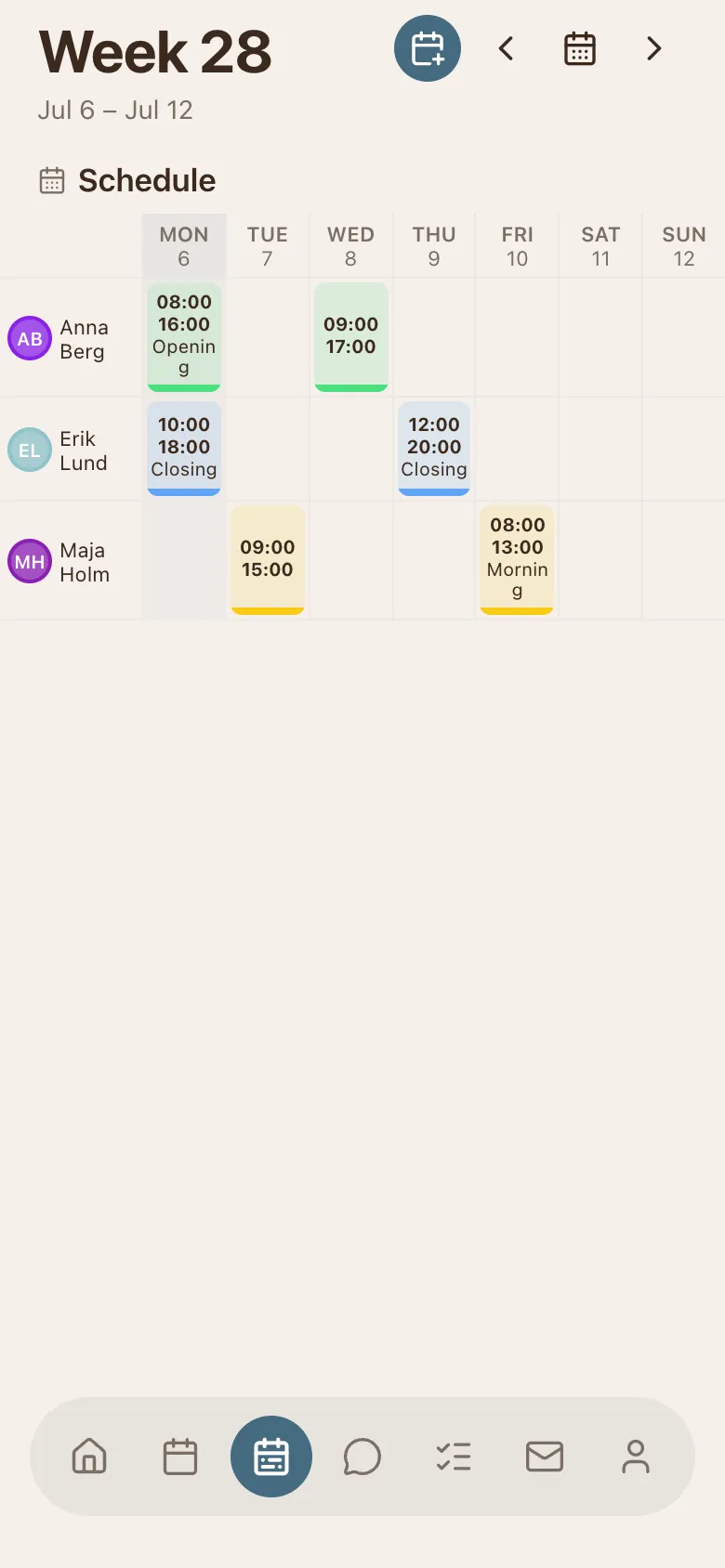 The mobile team schedule: staff down the left, the week's days across the top, and coloured shift blocks.