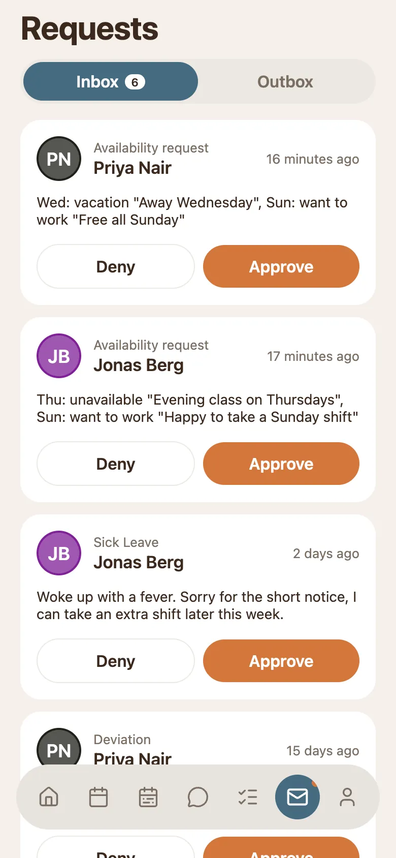 The phone Requests screen on the Inbox tab: cards for an availability request and a sick leave, each with the sender, the message and Deny and Approve buttons.