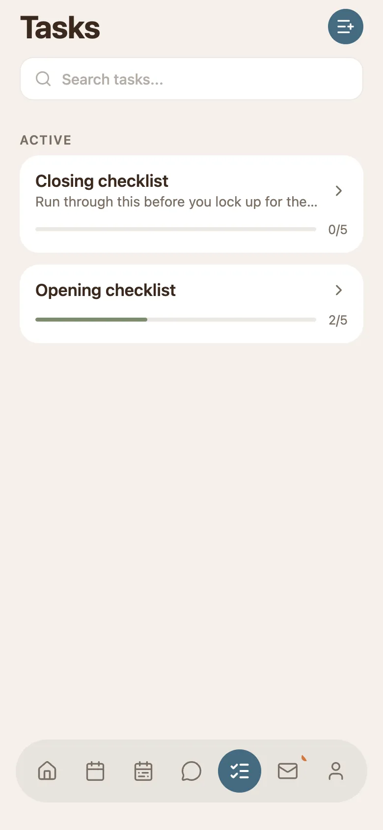 The phone Tasks screen: a search box and cards for each checklist showing the name and a done-out-of-total count, with an add button in the top corner.
