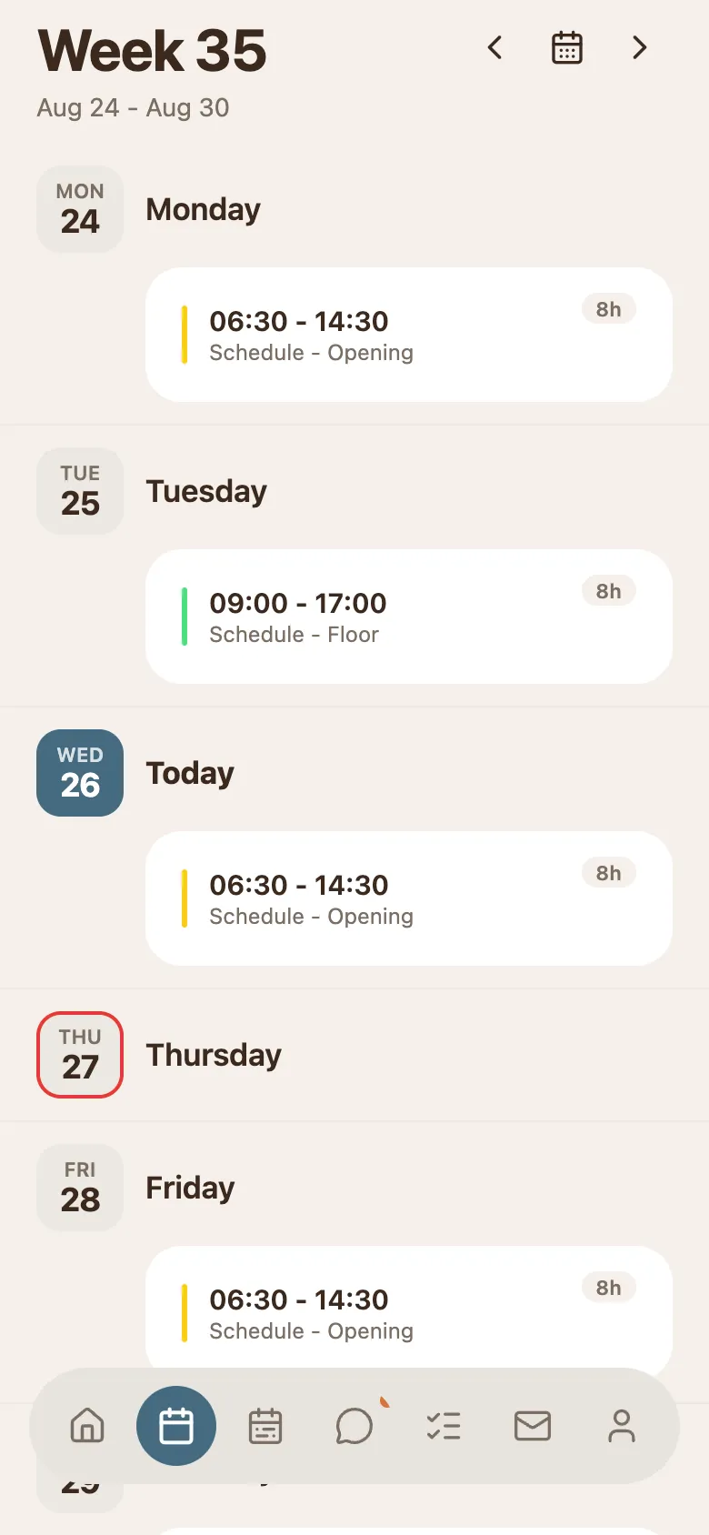 The phone schedule for one person, with one date badge outlined in colour where availability has been set and the rest plain.