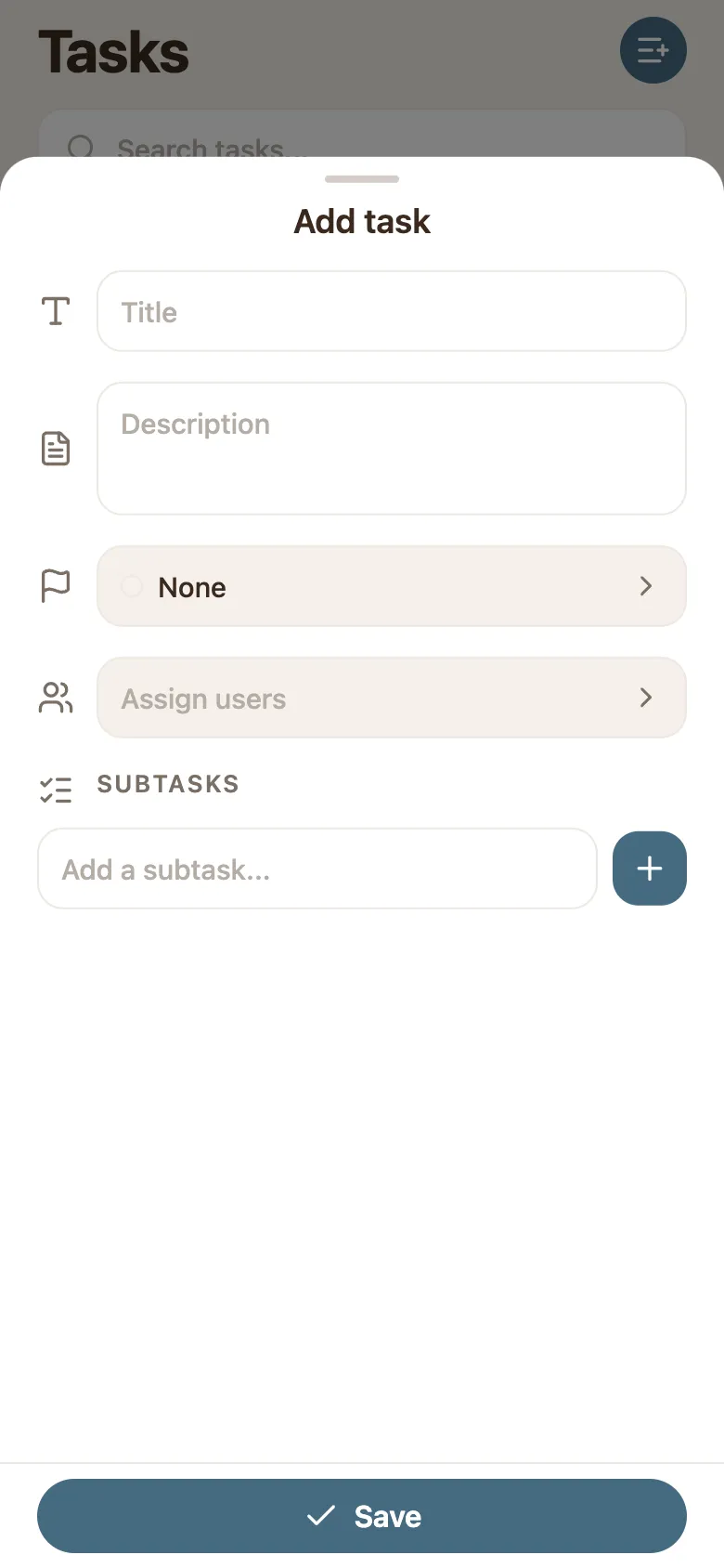 The Add task sheet on the phone with fields for Title, Description, priority, Assign users, a subtasks section with an add box, and a Save button.