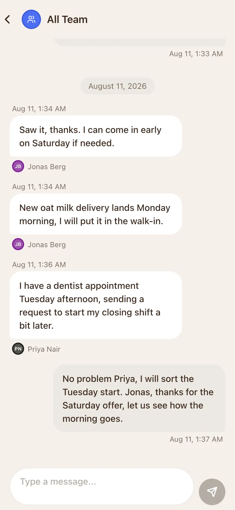 An open conversation on the phone: messages from two staff members with names and times, one reply on the right, and a message box with a send button.