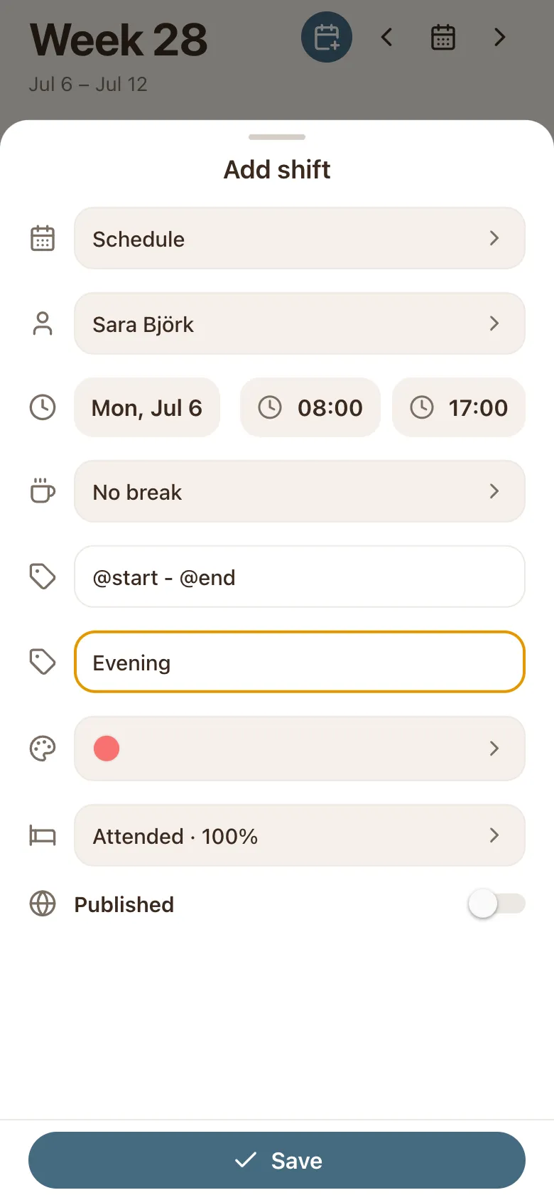 The Add shift card: schedule, person, date, start and end time, break, label, colour, and a Published switch above the Save button.