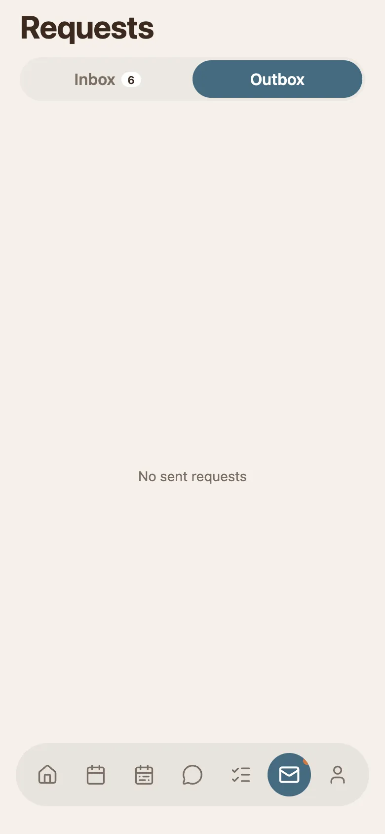 The phone Requests screen with the Outbox tab selected and nothing in it, reading No sent requests.