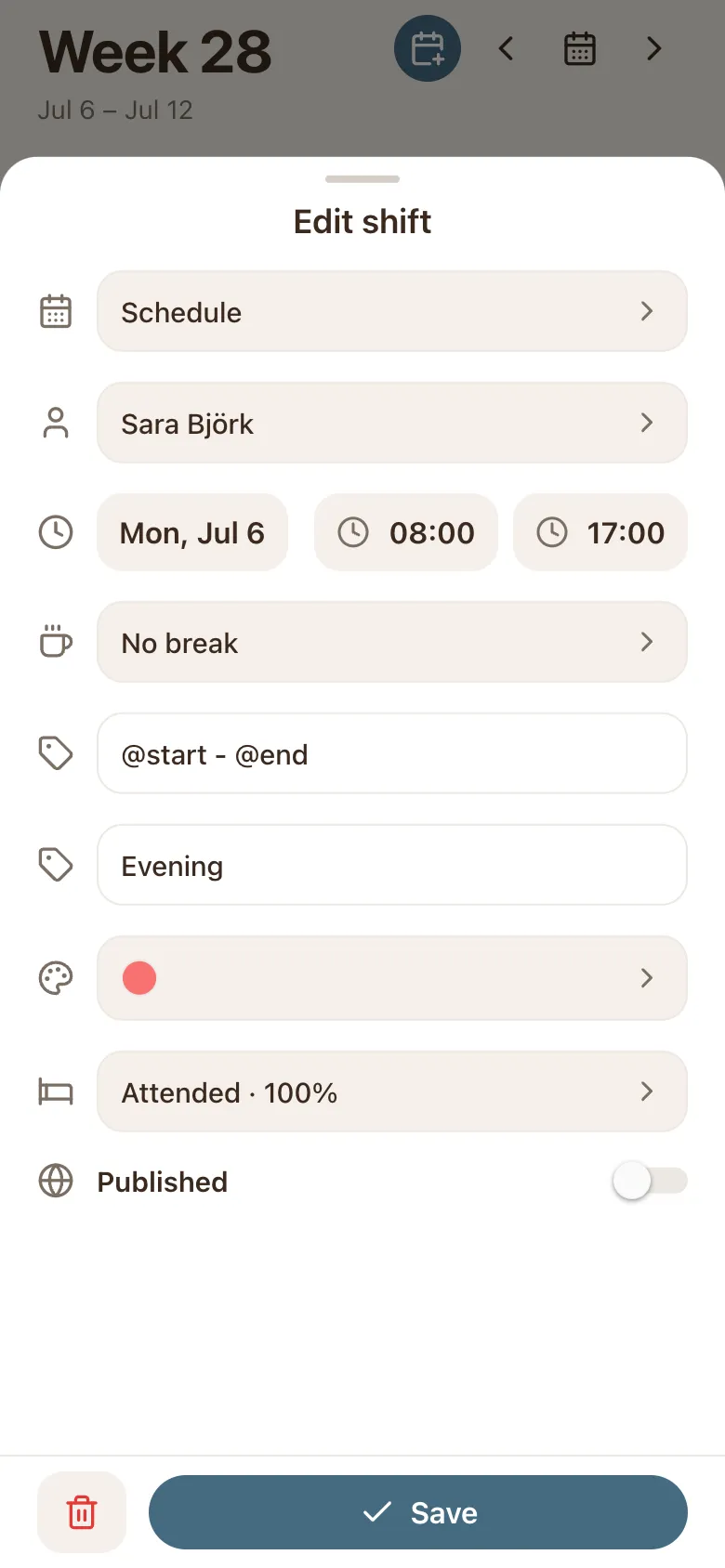 Tapping a shift opens the Edit shift card, pre-filled, with a delete button next to Save.