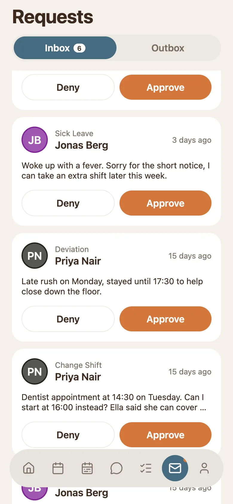 The phone inbox scrolled down, showing a Sick Leave, a Deviation and a Change Shift request one under the other, each with the same Deny and Approve buttons.