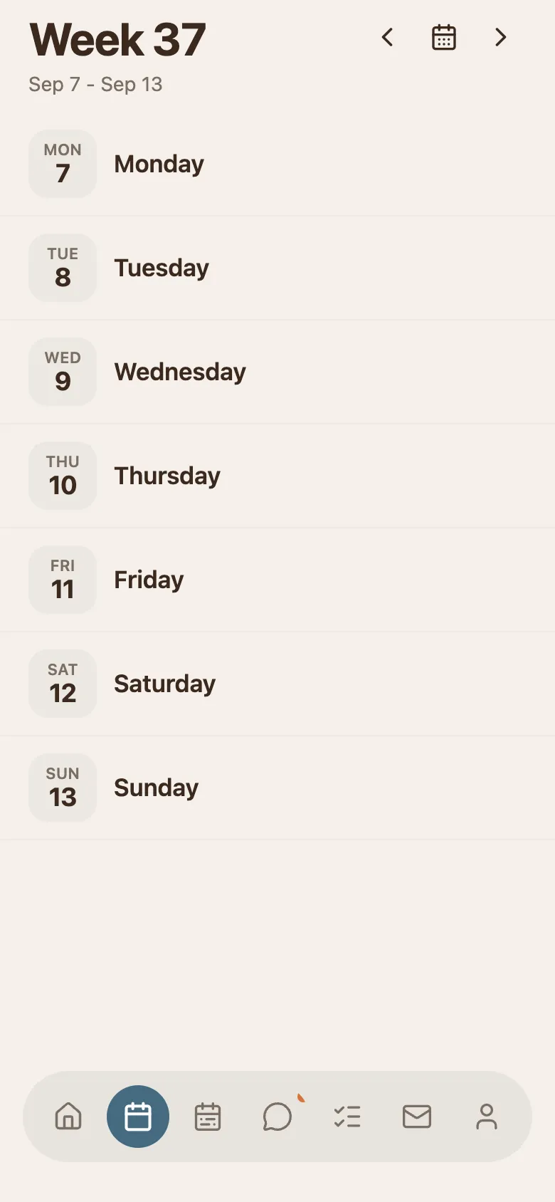 A week a few weeks ahead on the phone, Monday to Sunday with plain date badges, no shifts and no availability set on any day.