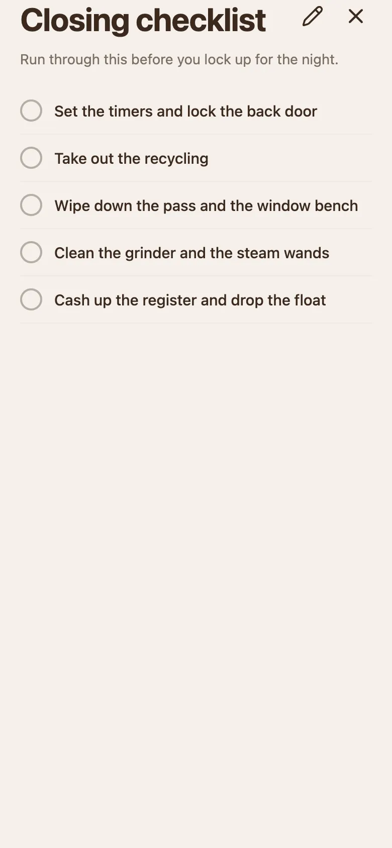 An open checklist on the phone: the title, the description, and five jobs each with an empty circle, with an edit pencil and a close button in the corner.