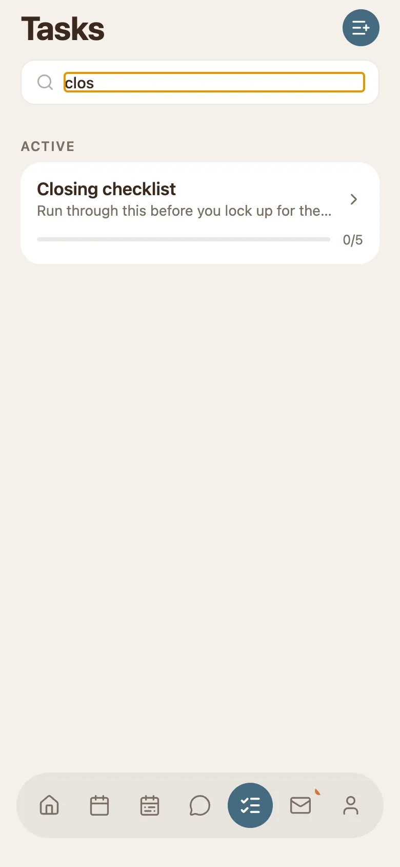 The phone Tasks screen with the word clos typed into the search box, narrowing the list to the single Closing checklist card.