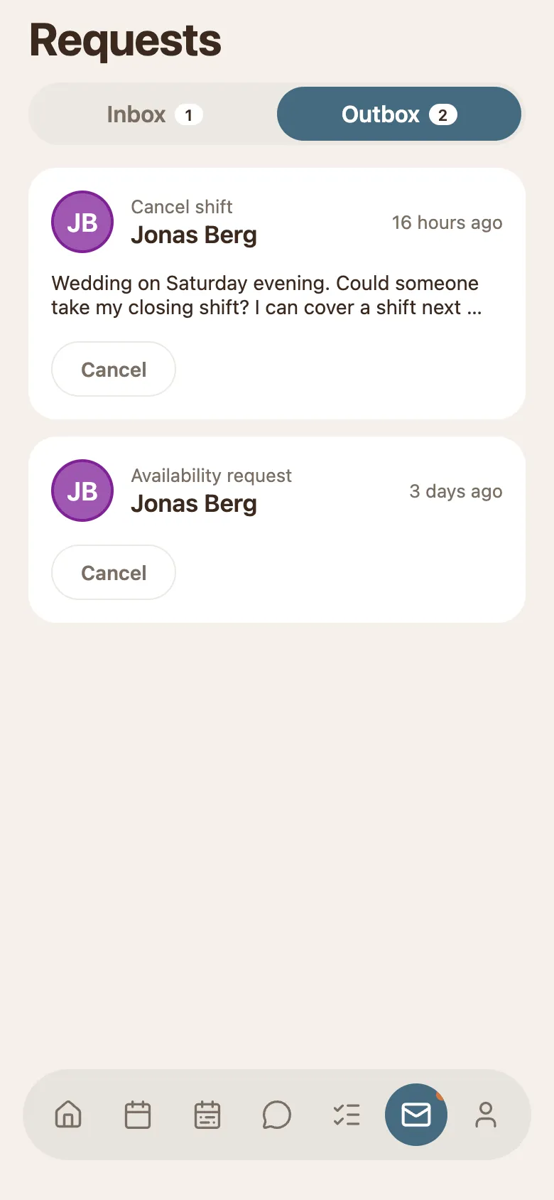 The phone Requests screen on the Outbox tab, showing a sent Cancel shift request card with its message and a Cancel button.