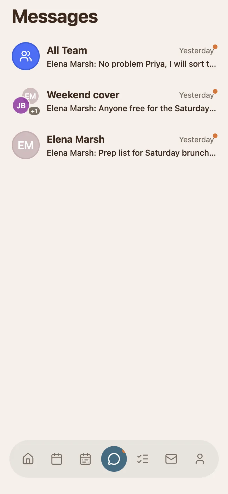 The Messages list on a phone: the All Team channel, a Weekend cover group, and a direct chat, each with its latest message