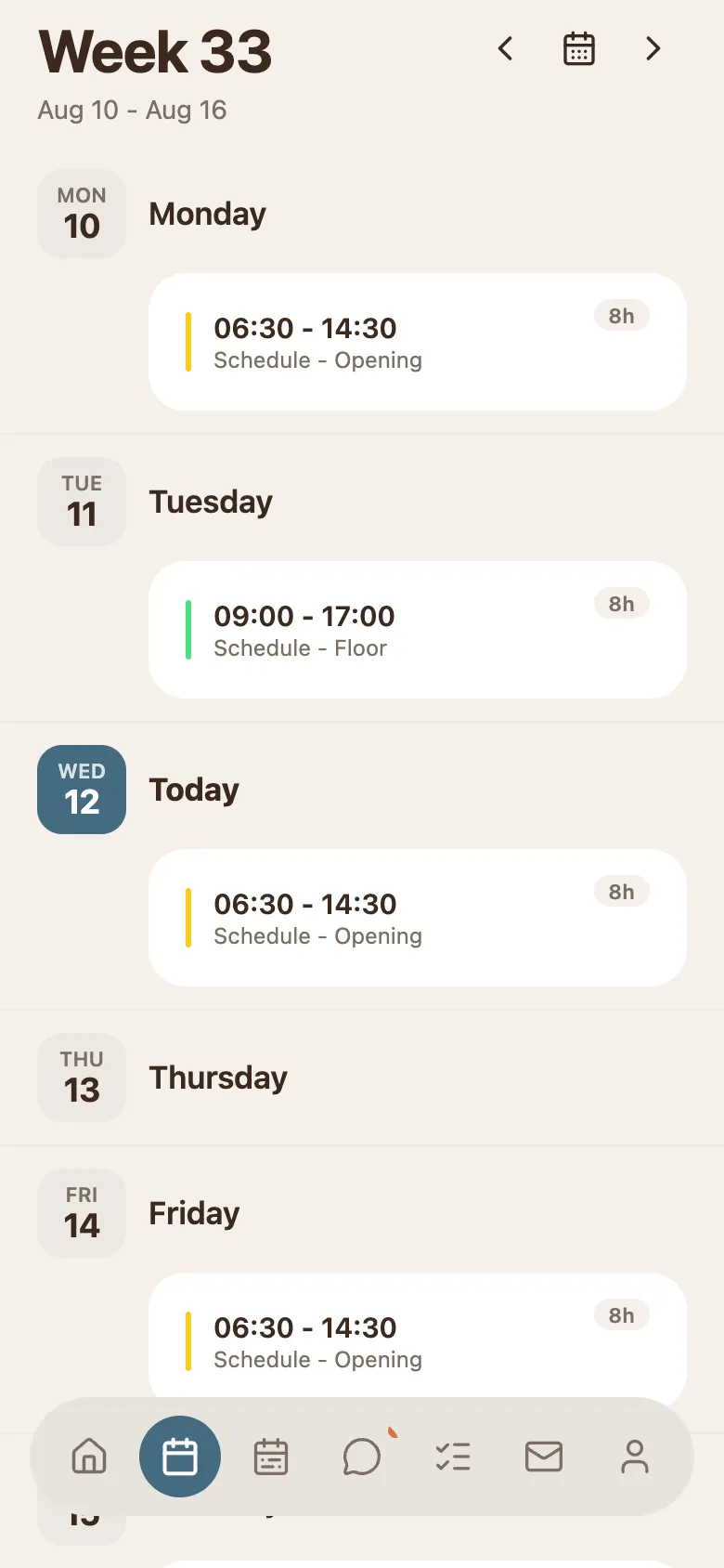 The same week on a phone: one staff member's own shifts, day by day