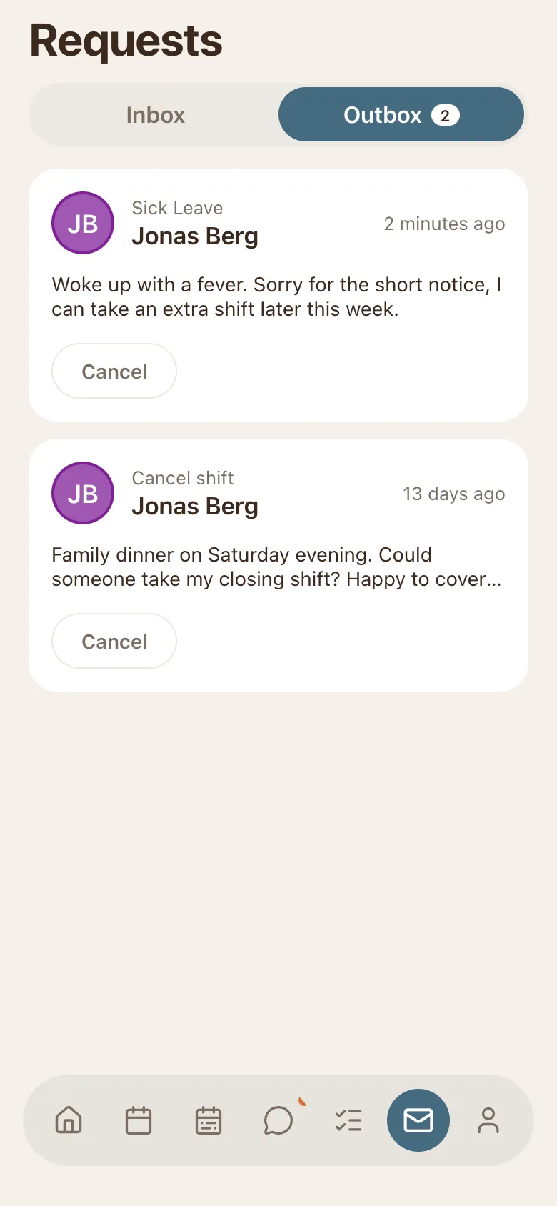 The Requests screen on a phone, Outbox open: a sick-leave request and a cancel-shift request from Jonas Berg, each with his reason and a Cancel button