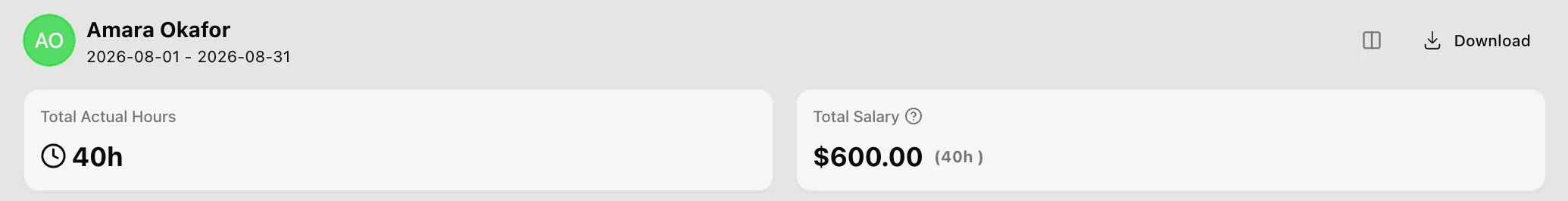 One person's report header for the month: 40 hours worked and 600 dollars in salary