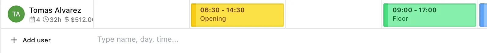 The add row at the foot of the schedule: type a name, a day, and a time