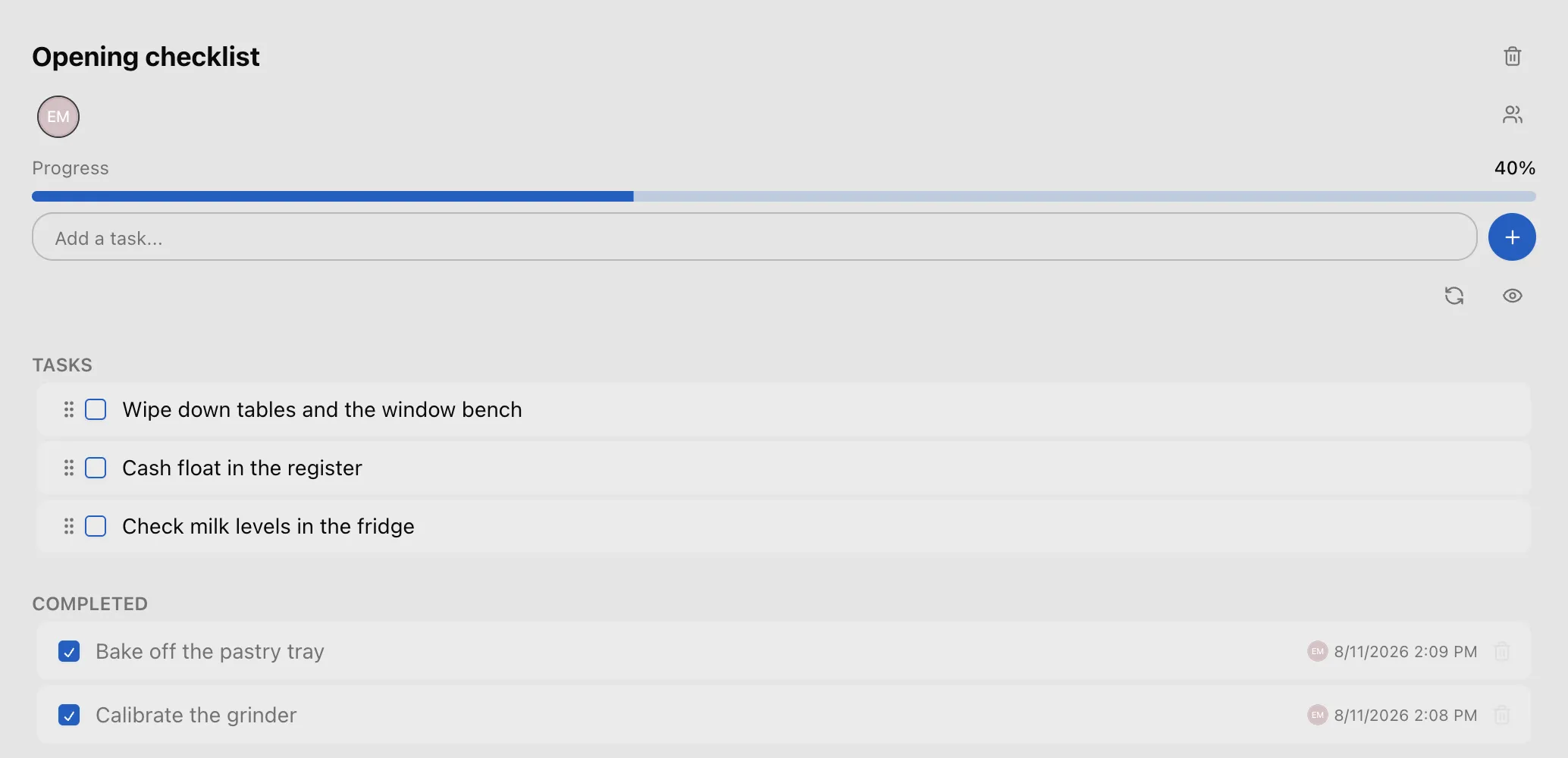 An opening checklist at 40 percent: three tasks still open, two checked off with the time they were done