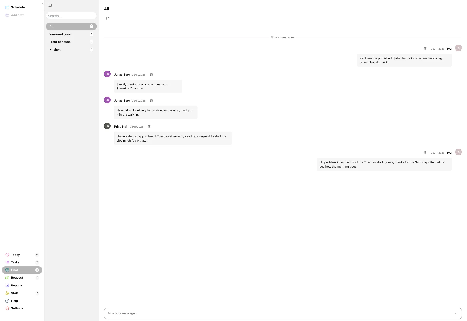 The Chat page with the All channel open: the channel list on the left, messages from several staff in the middle, and a message box along the bottom.