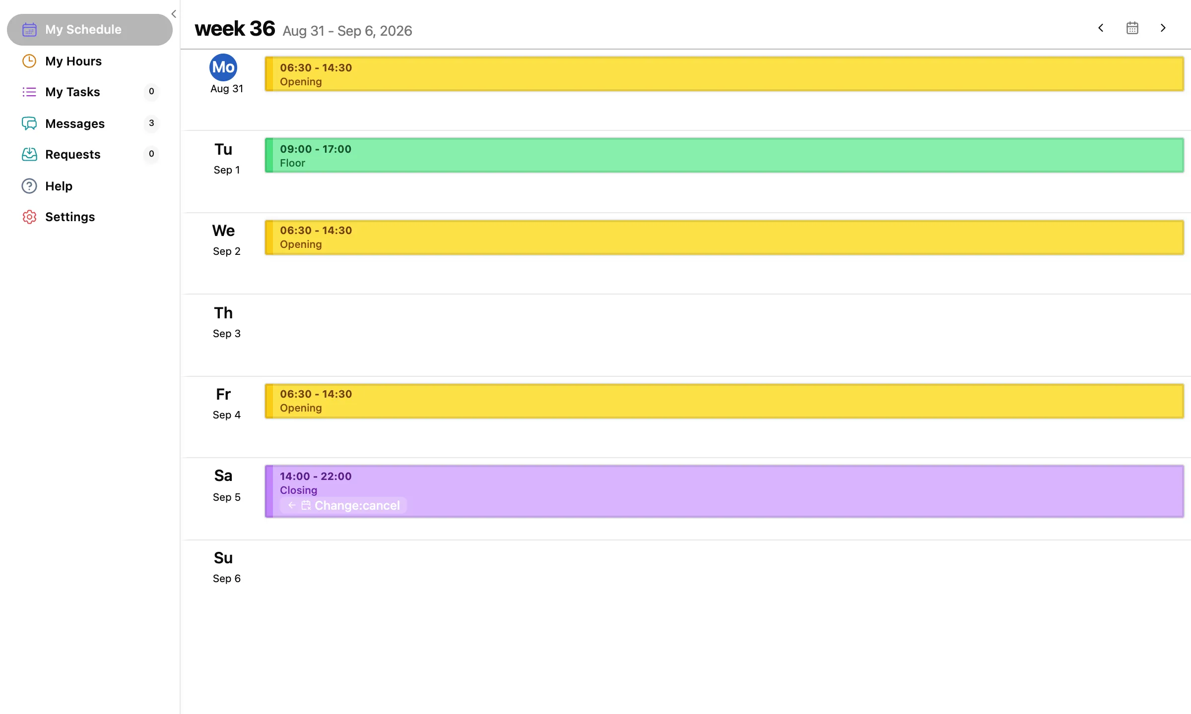 One staff member's week as day rows, with coloured shift blocks showing times and labels like Opening and Closing, and a menu on the left with Requests in it.