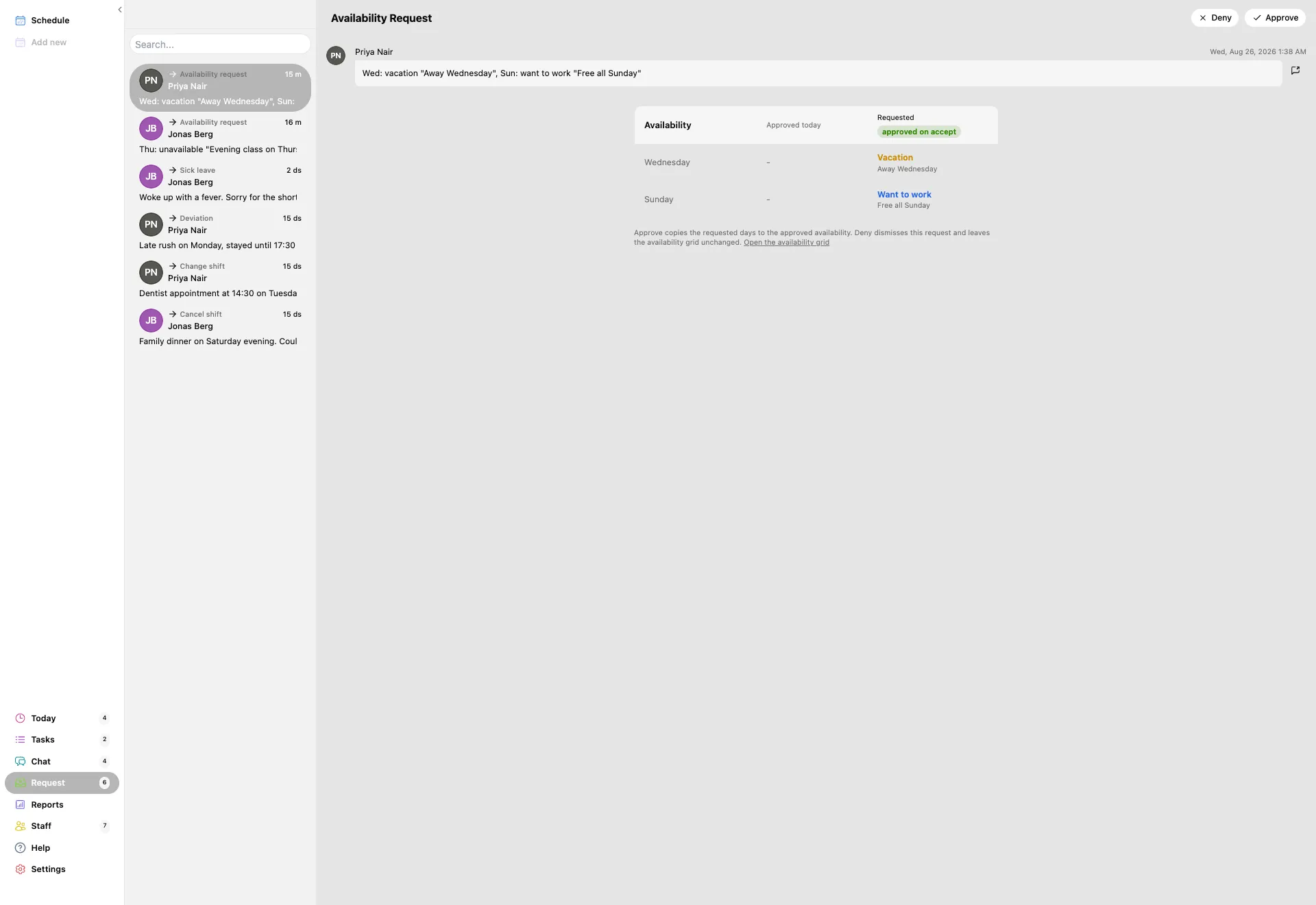 The Requests page: a list of requests on the left with sender, type and first line, and an open Sick Leave request on the right with Deny and Approve in the top corner.