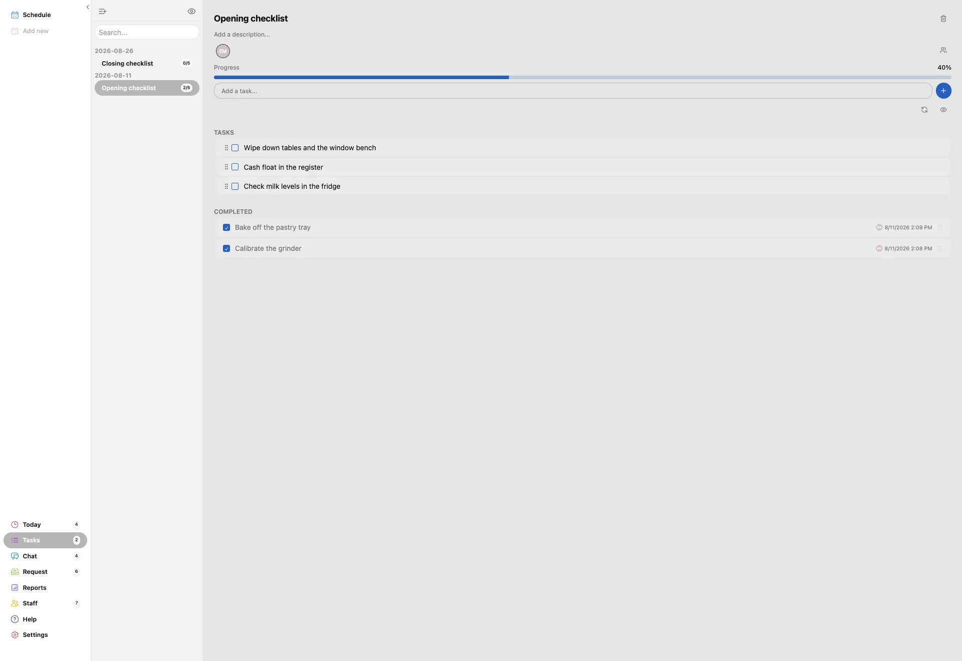 The Tasks page: two checklists in the left column with done-out-of-total counts, and the open Opening checklist with a progress bar, an Add a task box, three unticked jobs and two completed ones.
