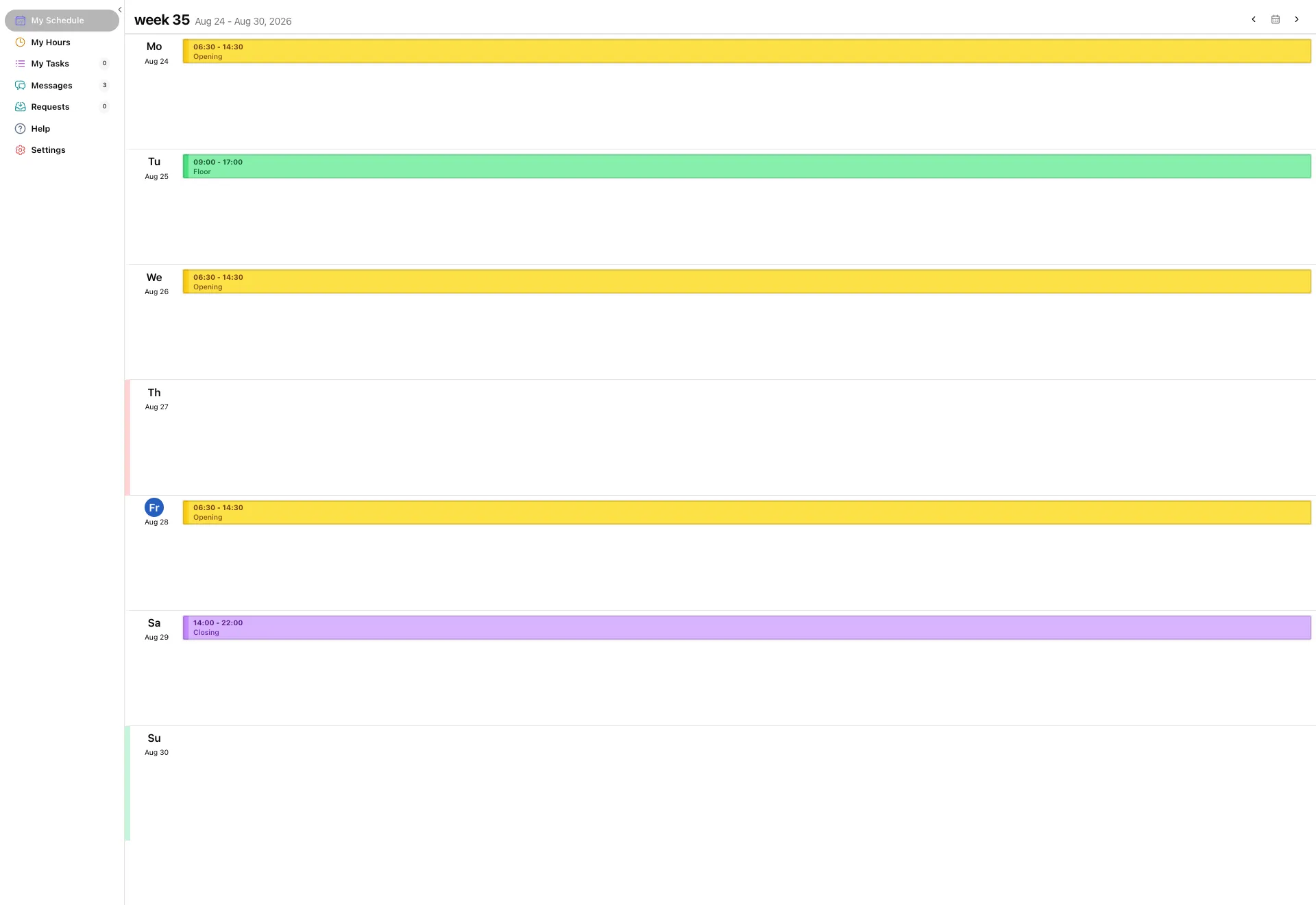 My Schedule with a week of shifts, and coloured stripes down the left edge of two days that have availability set on them.