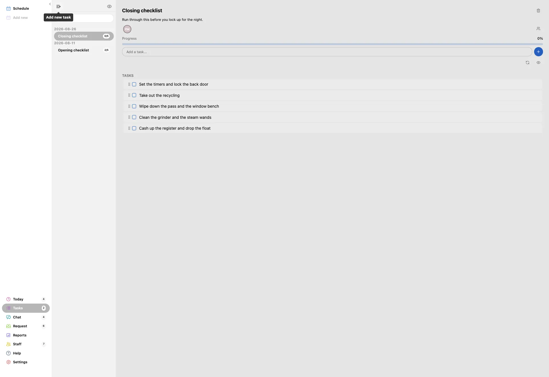 The Tasks page with the pointer on the add button above the list column and its Add new task tooltip showing, with two checklists in the column below it.