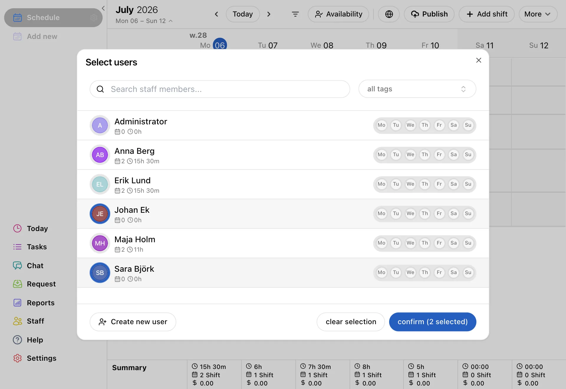 The Select users window: a search box, your staff list with weekday availability, Create new user, and a Confirm button.