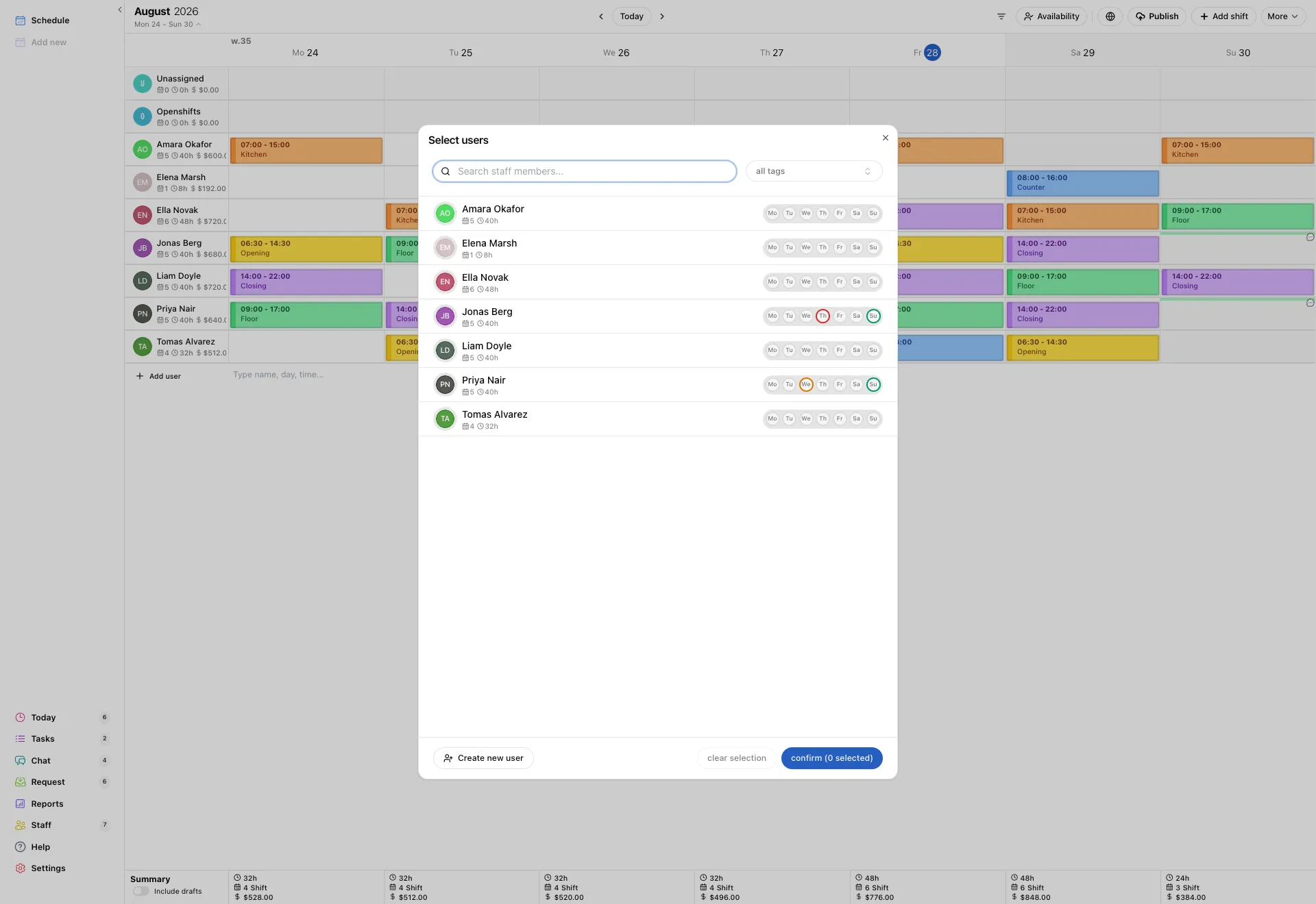 The Select users window: a search box, your staff list with weekday availability, Create new user, and a Confirm button.