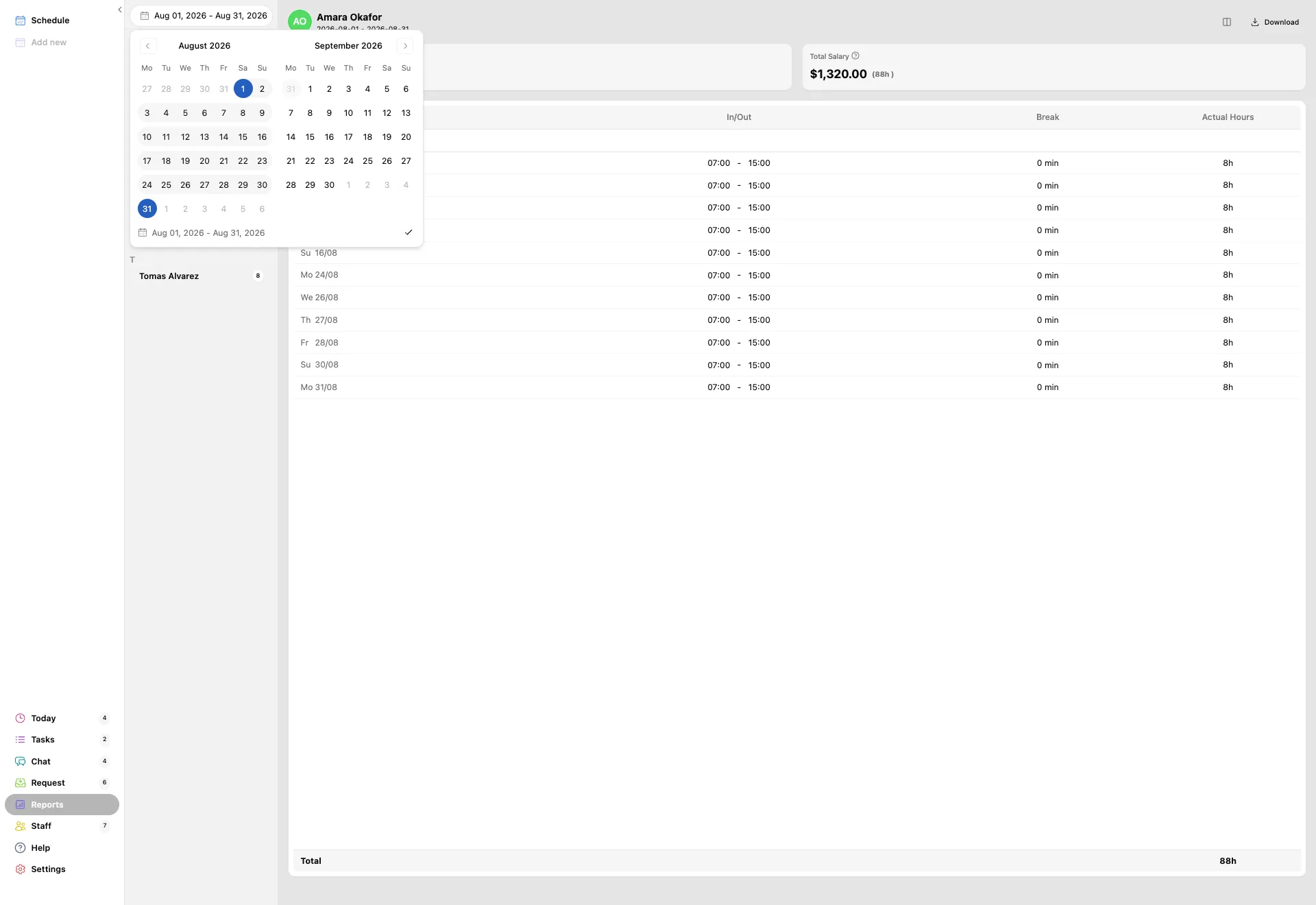 The date range picker open over the reports page, showing two months side by side with the first and last of the month selected and the range printed underneath.