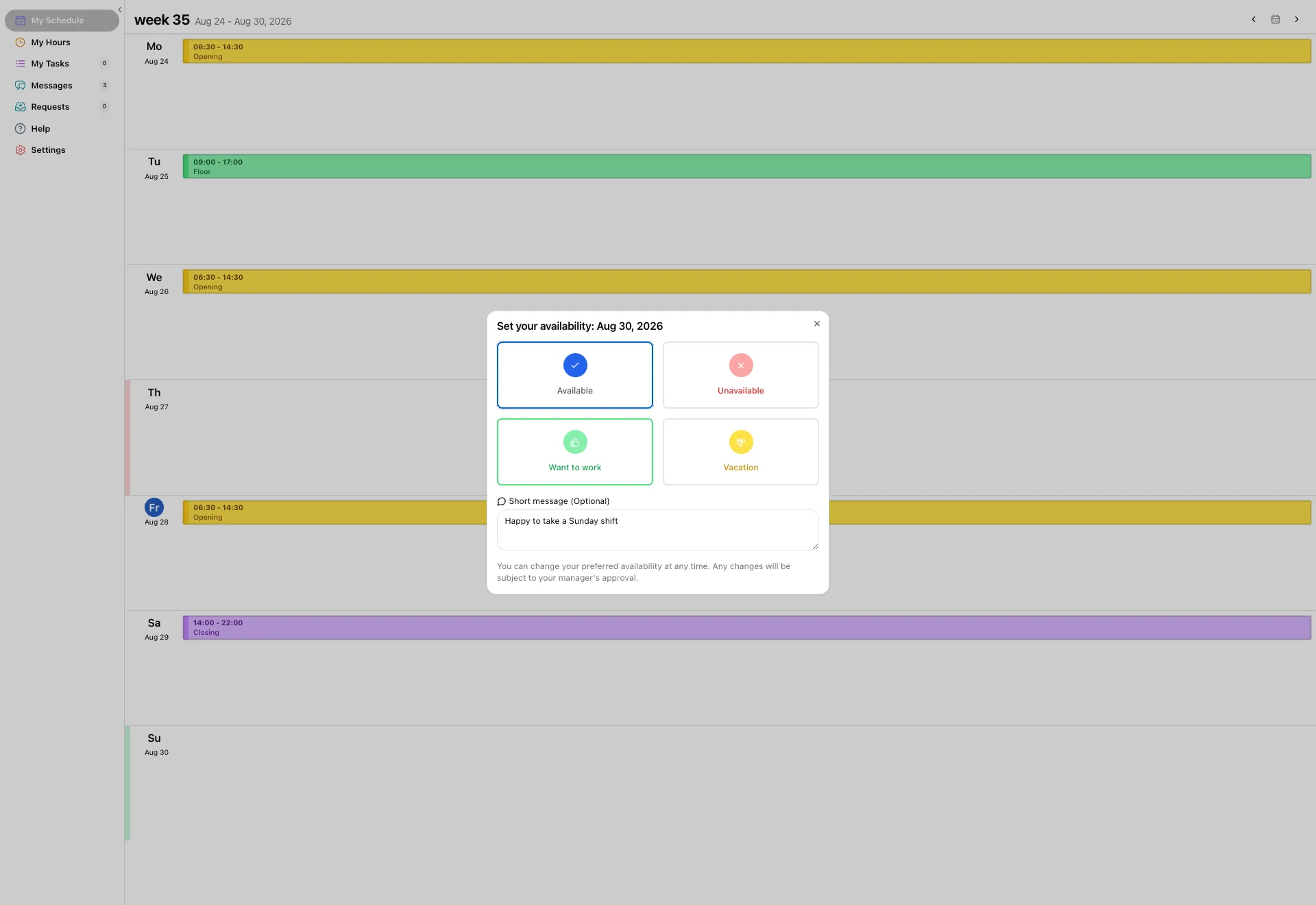 The Set your availability window for a second date, this one with Want to work outlined and the note Happy to take a Sunday shift already in the message box.