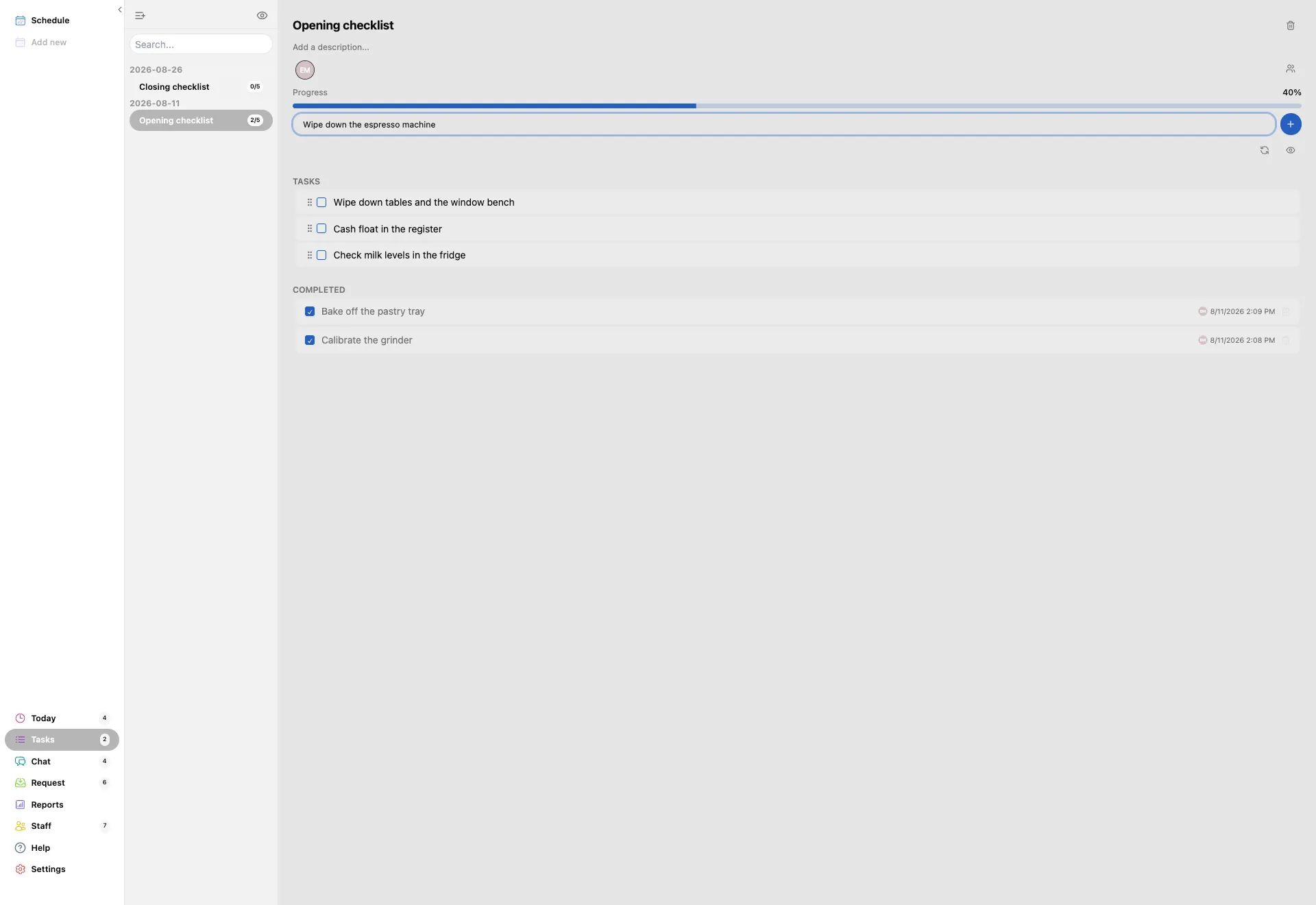 An open checklist with a new job typed into the Add a task field and the plus button beside it, three unticked lines under Tasks and two ticked ones under Completed.