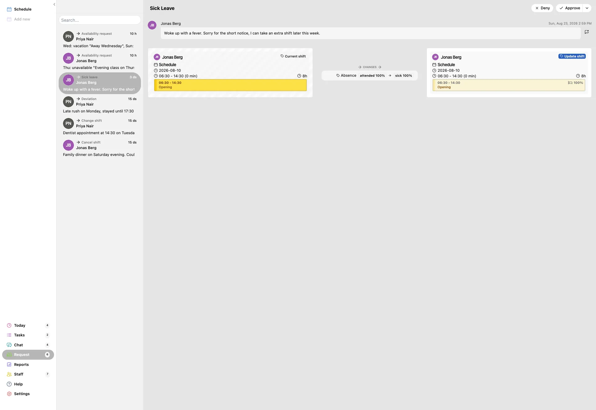 An open sick leave request with Deny, Approve and a small arrow beside Approve in the top right, and the shift shown before and after the absence is written on it.