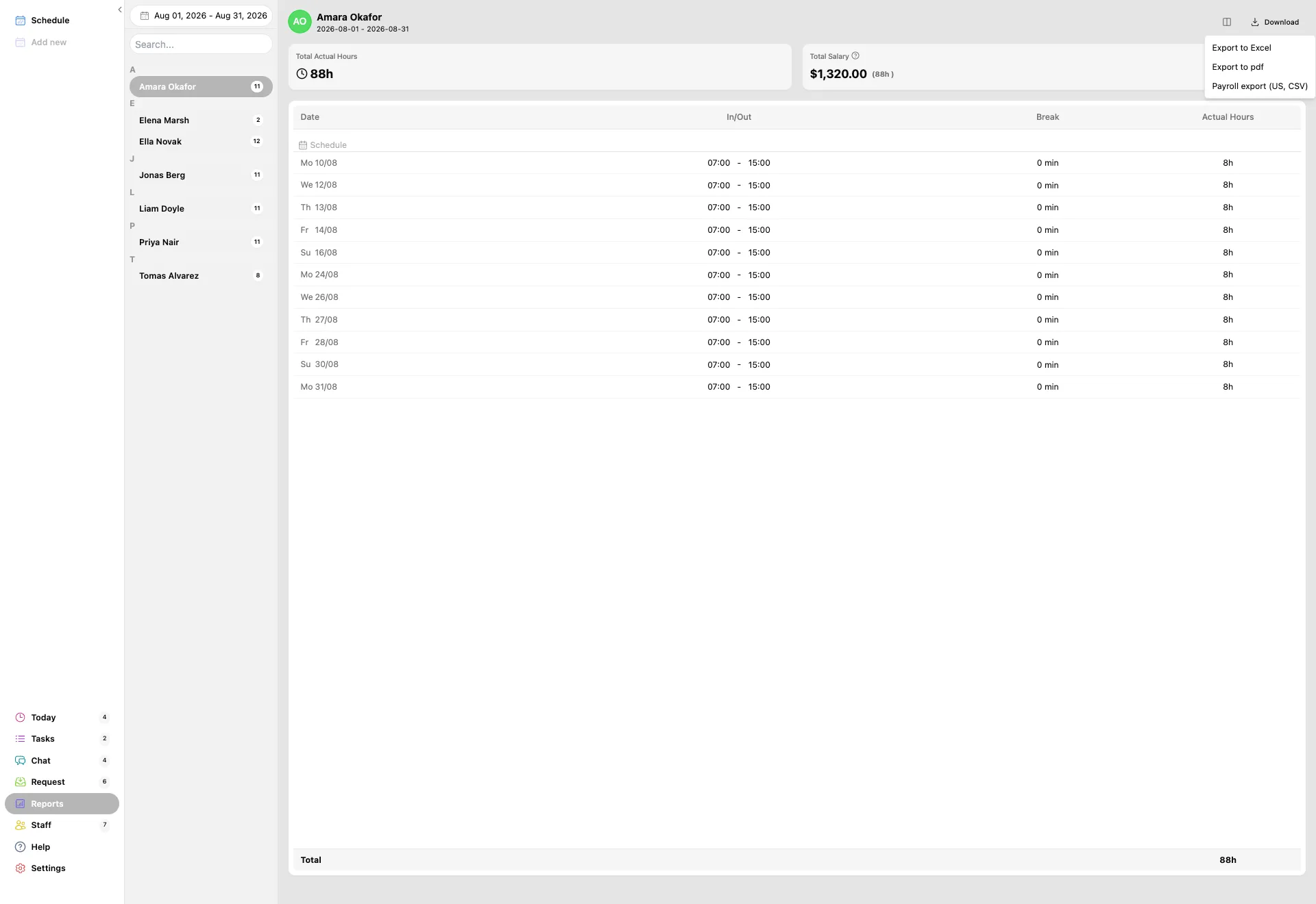 The Download menu open on the reports page with three entries: Export to Excel, Export to pdf, and Payroll export in US CSV.