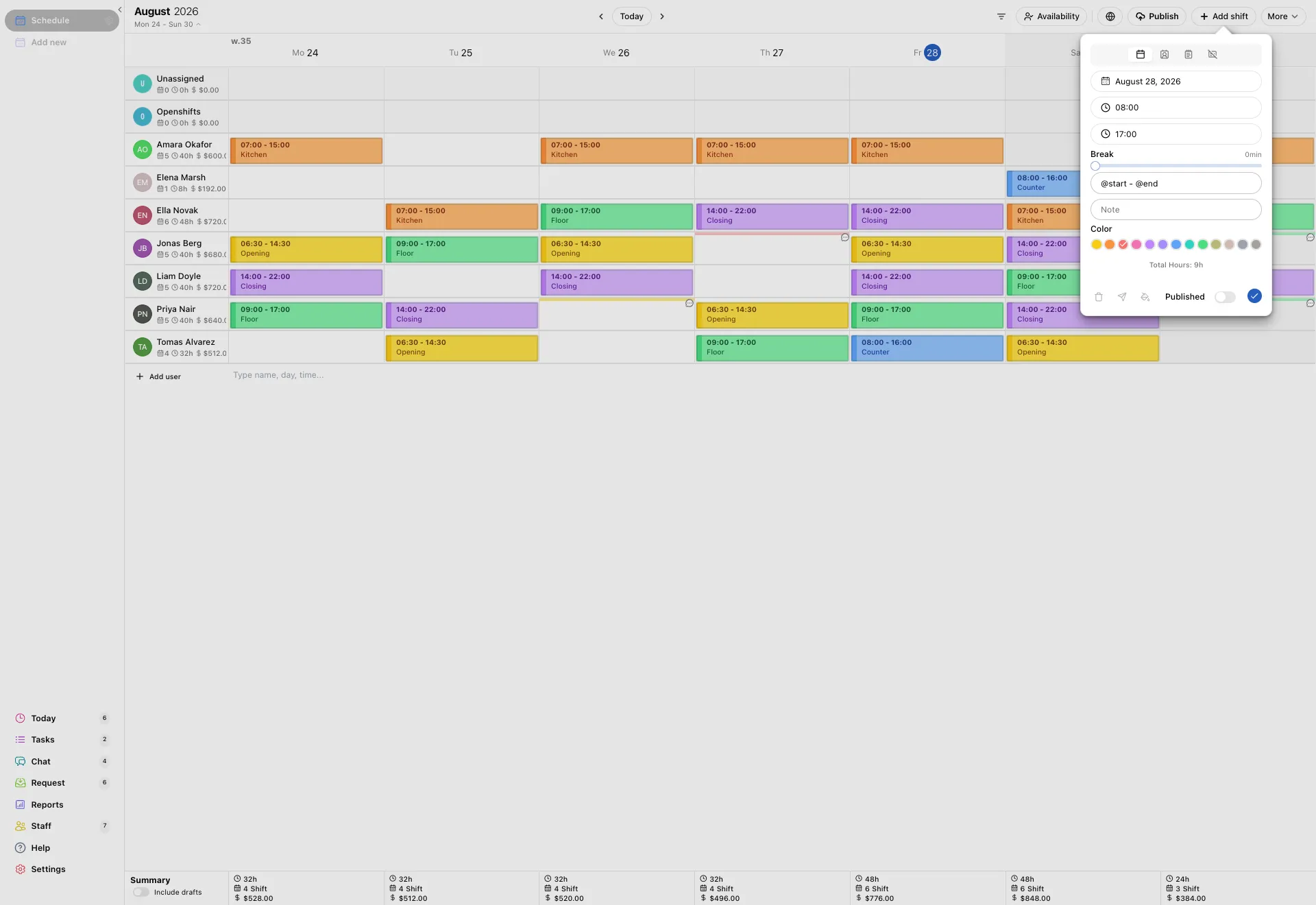 The shift card open over the schedule: date, start and end time, break, label, note, colour, and a save tick.