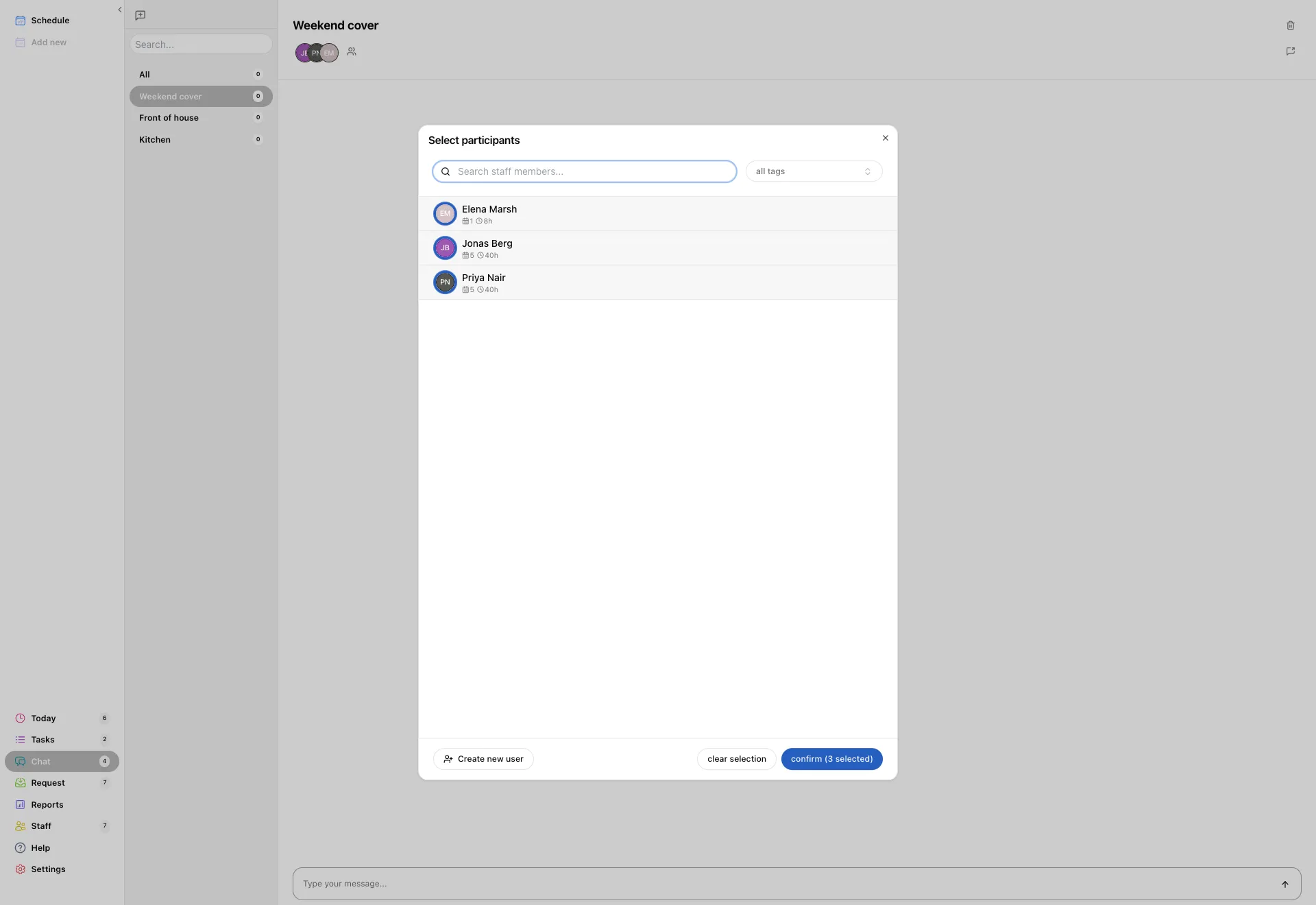 The Select participants window over a chat: a search box, a tag filter, the staff list with shift counts and hours, and a confirm button.