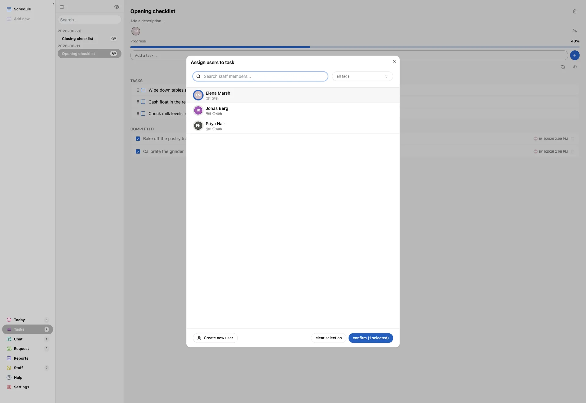 The Assign users to task window over a task list: a search box, a tag filter and the staff list, with a coloured ring round the avatar of each person picked, and a confirm button.