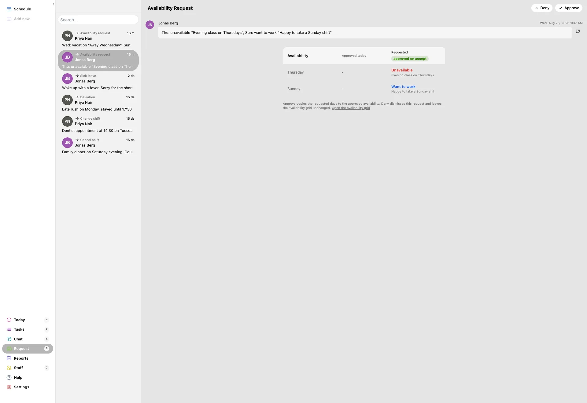 An open availability request: the days as rows under a Week heading, each row with a coloured dot, the status asked for and its own Approve button and bin icon, and Ignore all and Approve all in the top corner.