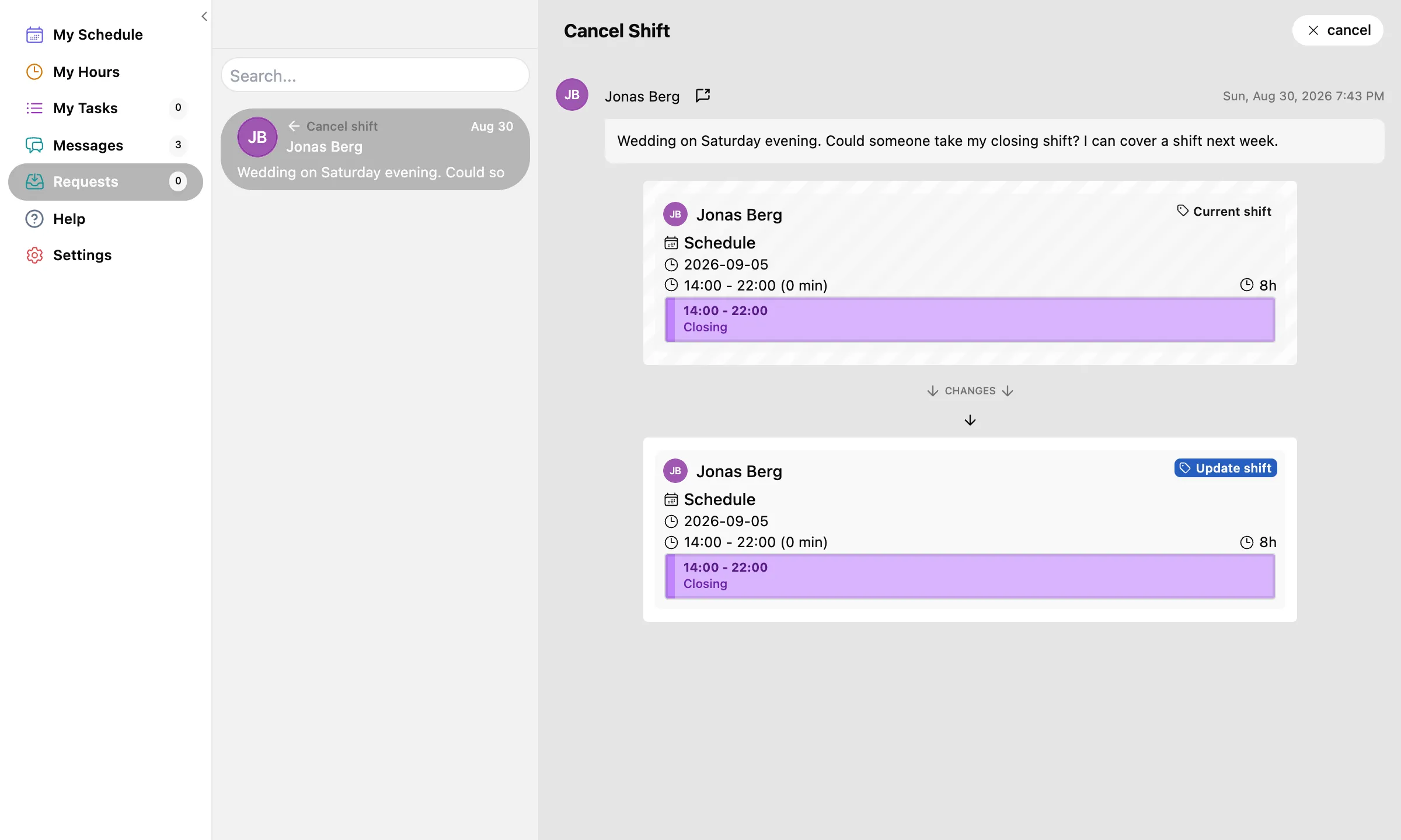 The Requests page for a staff member: one sent Cancel shift request in the left list, and the open request showing the message, the Current shift card above the Update shift card, and a cancel button top right.