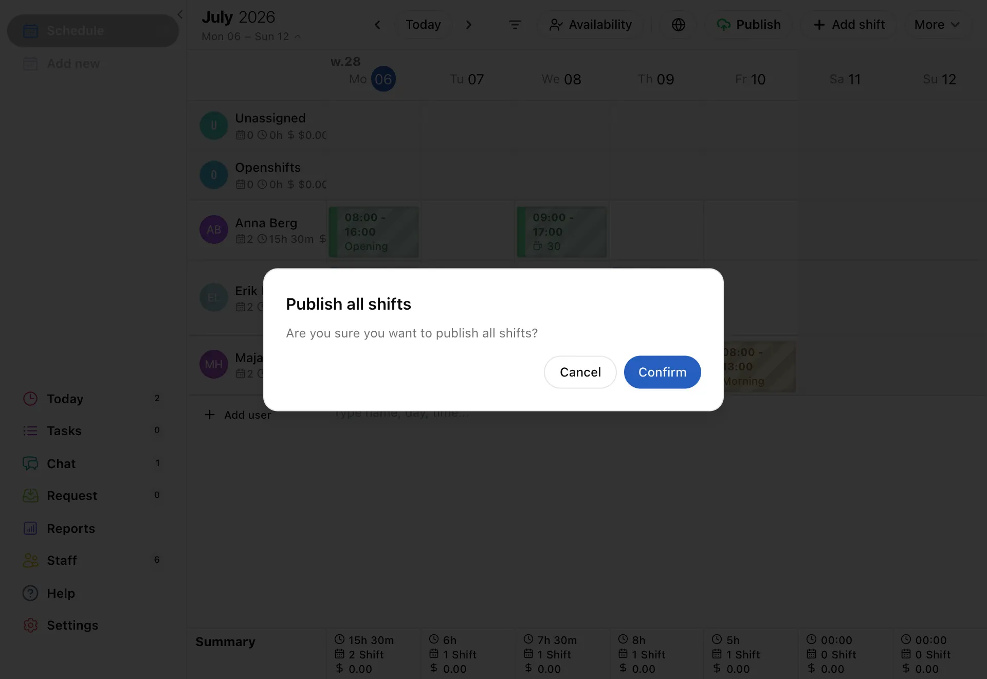 The Publish all shifts confirmation: Are you sure you want to publish all shifts? Cancel or Confirm.