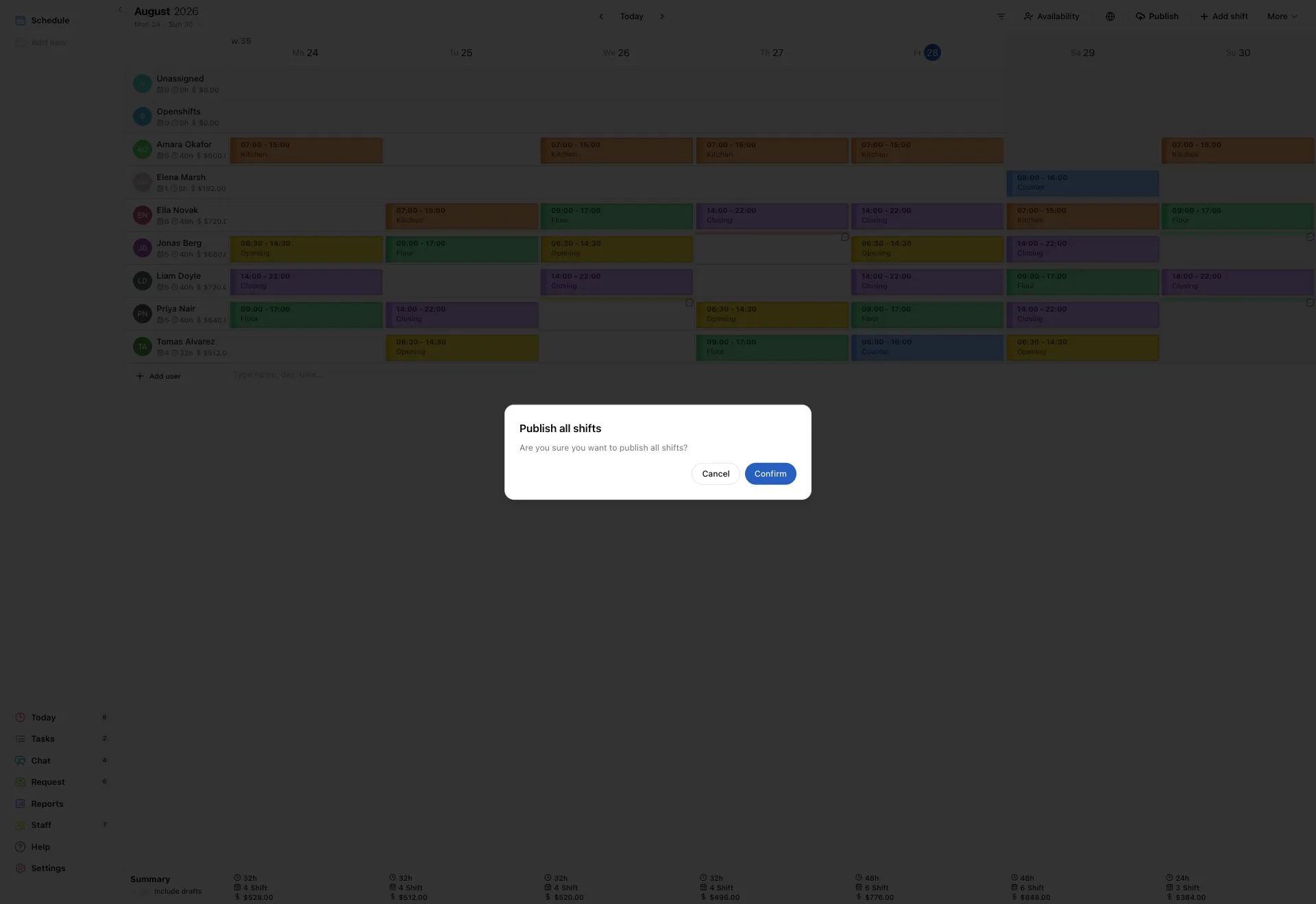 The Publish all shifts confirmation: Are you sure you want to publish all shifts? Cancel or Confirm.